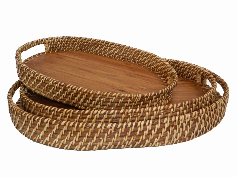 Premium Oval Rattan Bamboo Serving Tray Set with Handles - Eco-friendly Home Decor